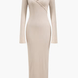 Button Asymmetric Neck Long Sleeve Maxi Elbise