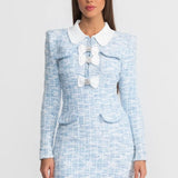 Kontrast Yaka ve Fiyonk Süslemeli Tweed Mini Elbise – Açık Mavi