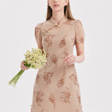 Bej Renkli Nakışlı Çiongşam Qipao Mini Elbise