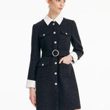 Çıkarılabilir Yaka Detaylı Tweed Bel Vurgulu Yünlü Elbise