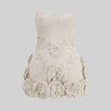 3D Çiçek Aplikeli Büstiyer Elbise - Ivoire
