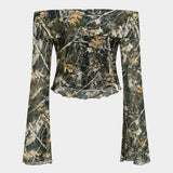 Branch Print Mesh Off Shoulder Uzun Kollu Üst