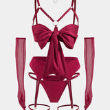 Choker Bağlama Öndeki Kesik Detaylı Lingerie Garter Seti ve Eldiven