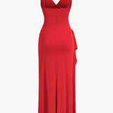 Büzgülü Yırtmaçlı Sırt Geçişli Gece Elbisesi