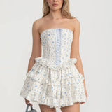 Kurdele Bağcık Detaylı ve Çok Katlı Fırfırlı Etekli Korse Mini Elbise - Beyaz/Mavi