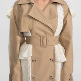 Bej Dantelli Panelli Kemerli Uzun Trençkot