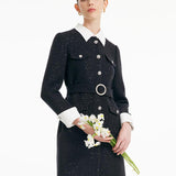 Çıkarılabilir Yaka Detaylı Tweed Bel Vurgulu Yünlü Elbise