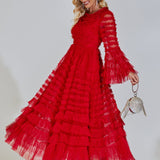 Kırmızı Uzun Kollu Maxi Elbise