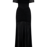 Caspian Omzu Açık Saten & File Detaylı Maxi Elbise – Siyah