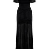 Caspian Omzu Açık Saten & File Detaylı Maxi Elbise – Siyah