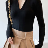 Siyah V Yaka Uzun Kollu Triko Bluz