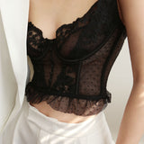 Çiçekli Dantel Örgü Korse Crop Üst