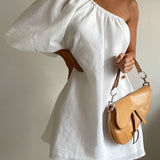 Aegean Pamuklu Keten Tek Kollu Kısa Elbise