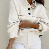 Çizgili Yüksek Yaka Düğmeli Triko Kazak