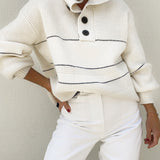 Çizgili Yüksek Yaka Düğmeli Triko Kazak