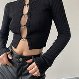 Kesik Bölmeli Boncuk Detaylı Nervürlü Örgü Üst