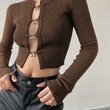 Kesik Bölmeli Boncuk Detaylı Nervürlü Örgü Üst