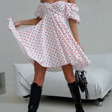 Puantiyeli Desenli Düşük Omuz Kısa Elbise