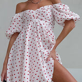 Puantiyeli Desenli Düşük Omuz Kısa Elbise