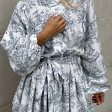 Mürekkep Boyama Baskı Bağlamalı A Kesim Kısa Elbise