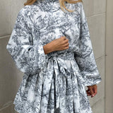 Mürekkep Boyama Baskı Bağlamalı A Kesim Kısa Elbise