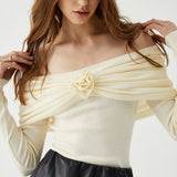 Ekru Drapeli Omuz Dekolteli Bluz