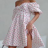 Puantiyeli Desenli Düşük Omuz Kısa Elbise