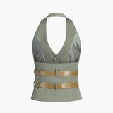 Halter Yaka Sırtı Açık Dokuma Bluz