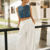 Düğme Detaylı Kolsuz Denim Kısa Üst