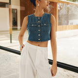 Düğme Detaylı Kolsuz Denim Kısa Üst