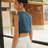 Düğme Detaylı Kolsuz Denim Kısa Üst