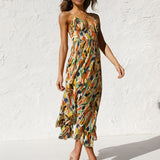 Çok Renkli Desenli Cami Midi Elbise