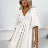 Oversized Puf Kol Düğümlü Midi Elbise