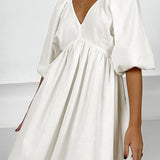 Oversized Puf Kol Düğümlü Midi Elbise