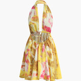 Tropikal Desenli Halter Sırtı Açık Kısa Elbise