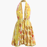 Tropikal Desenli Halter Sırtı Açık Kısa Elbise