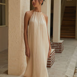 Pamuk Karışımlı Sırtı Açık Halter Midi Elbise