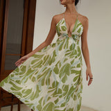 Boyundan Bağlamalı Sırtı Açık Kesikli Uzun Elbise