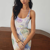 Multi Çiçek Desenli Sırtı Açık Uzun Elbise