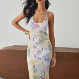 Multi Çiçek Desenli Sırtı Açık Uzun Elbise