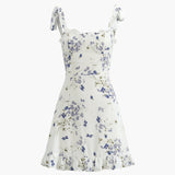 Çiçek Desenli Büzgülü Sırt Fırfırlı Düğümlü Kısa Elbise