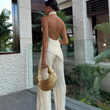 Krem Halter Yaka Pliseli Pantolon Takım