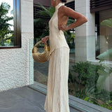 Krem Halter Yaka Pliseli Pantolon Takım