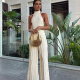 Krem Halter Yaka Pliseli Pantolon Takım