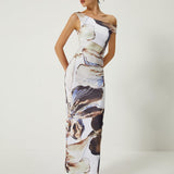 Asimetrik Baskılı Omuzları Açık İnce Uzun Elbise