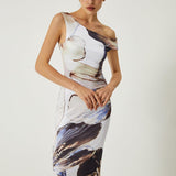 Asimetrik Baskılı Omuzları Açık İnce Uzun Elbise