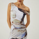 Asimetrik Baskılı Omuzları Açık İnce Uzun Elbise