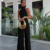 Krem Halter Yaka Pliseli Pantolon Takım