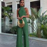 Krem Halter Yaka Pliseli Pantolon Takım