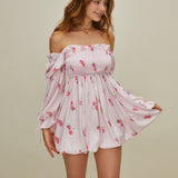 Çiçekli Puf Kollu Büzgülü Elbise